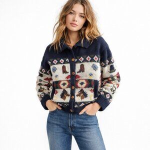 The Eagle's Eye 1989 Hand Knit Western Cowboy Cardigan Sweater Jacket Sz S